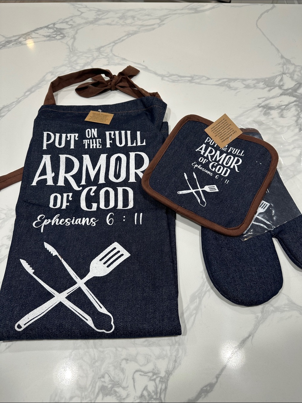 Denim Kitchen Set Apron, Oven Mitt & Pot Holder - 'Put On The Full Armor of God'